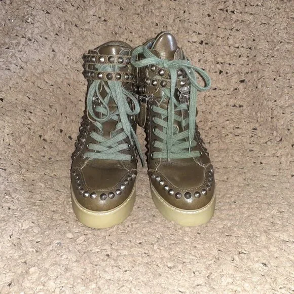 ASH-Blondie Studded HiddenWedge Sneaker-Dark Green Leather-Skulls-Sz37-Excellent - Picture 3 of 8